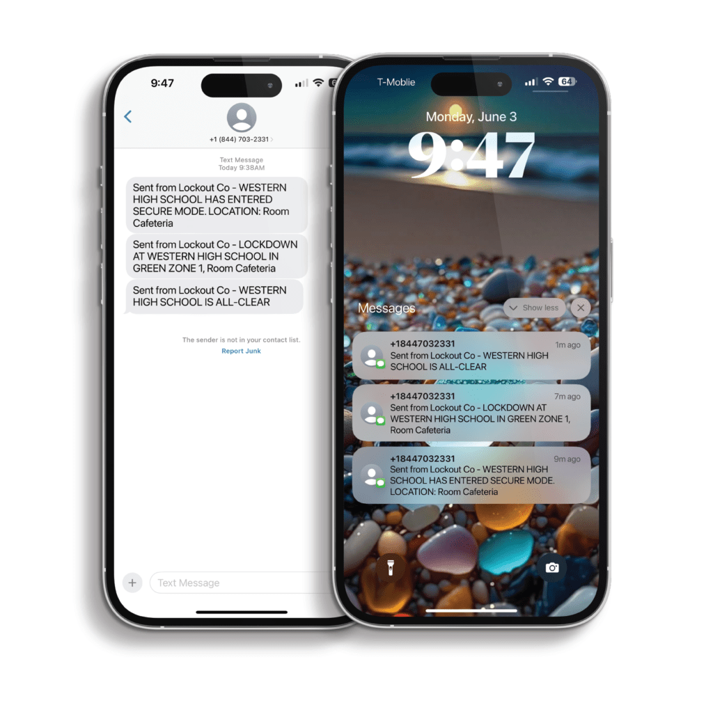 Two cell phones side by side with emergency text alert messages on the screen.