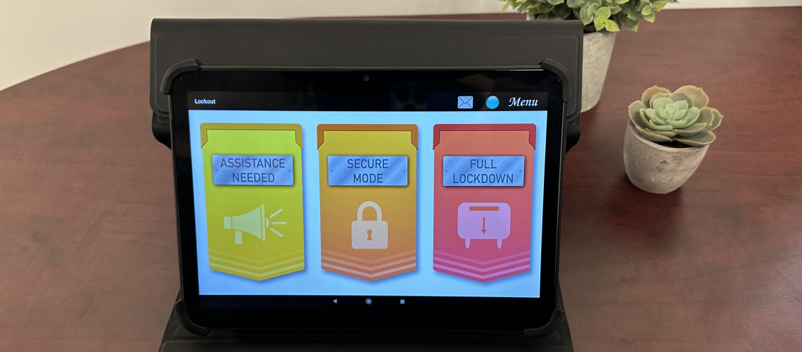 A Smart Tablet displaying the three school lockdown modes accessible through The SmartBoot System.