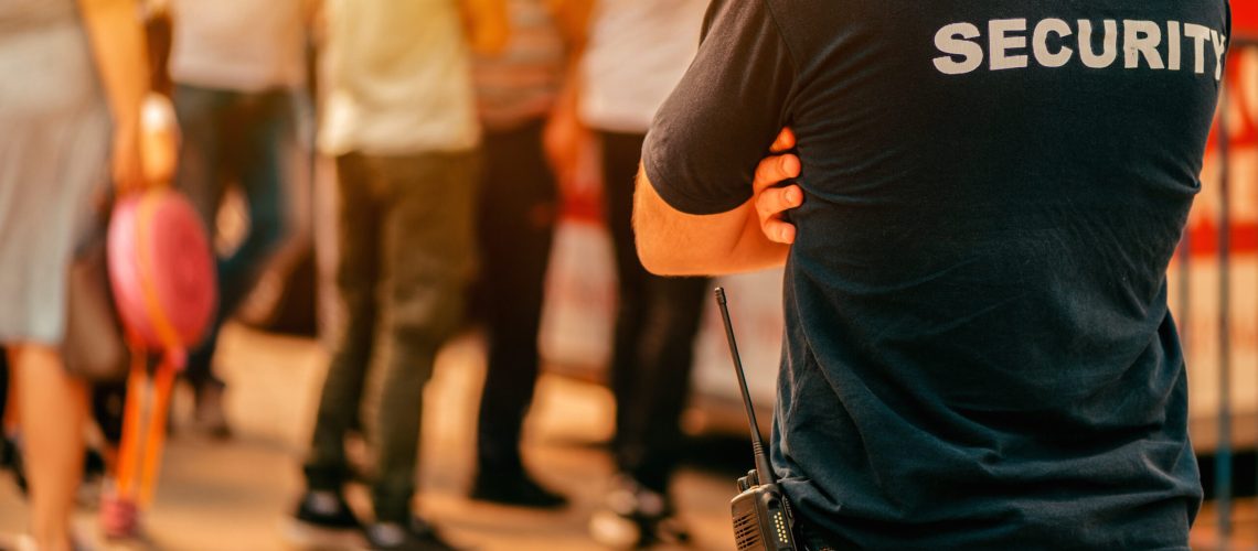 Security guard at live festivale event standing in front of the crowd